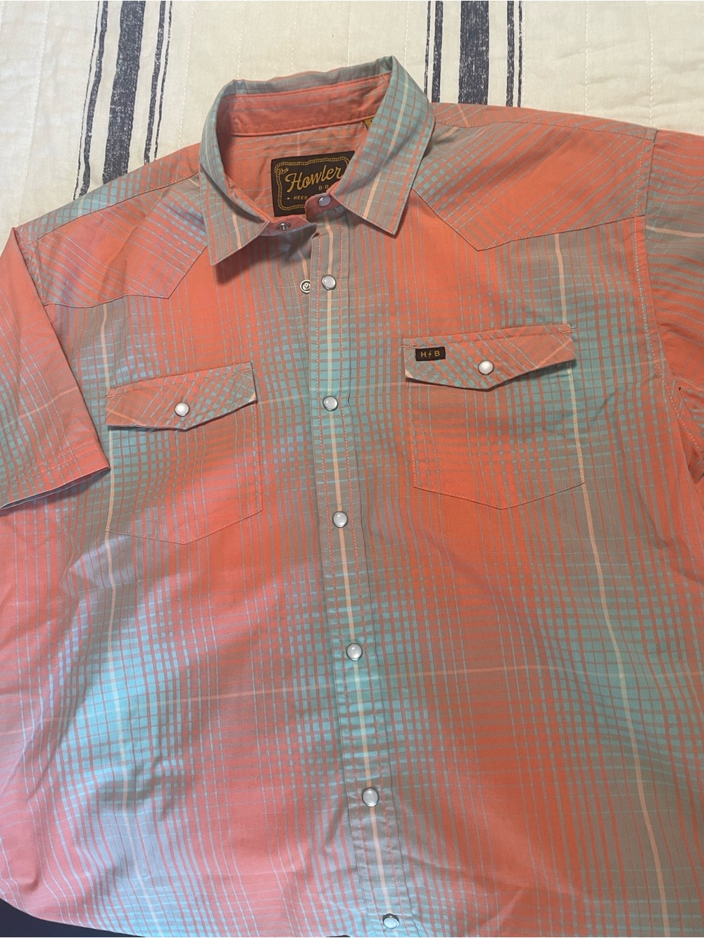 Howler Brothers Coral & Light Blue Short Sleeve Plaid Western Shirt